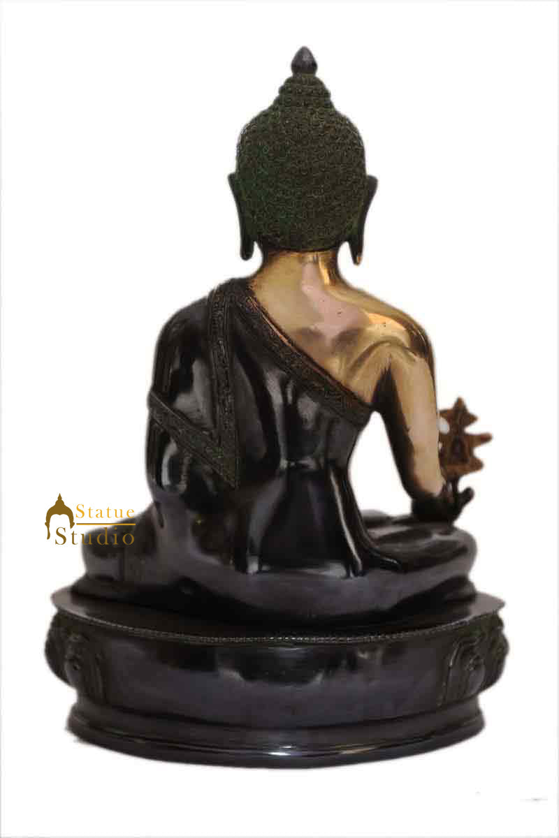 Antique Brass Medicine Buddha Statue Lotus Base Old Buddhism Chinese décor 13"