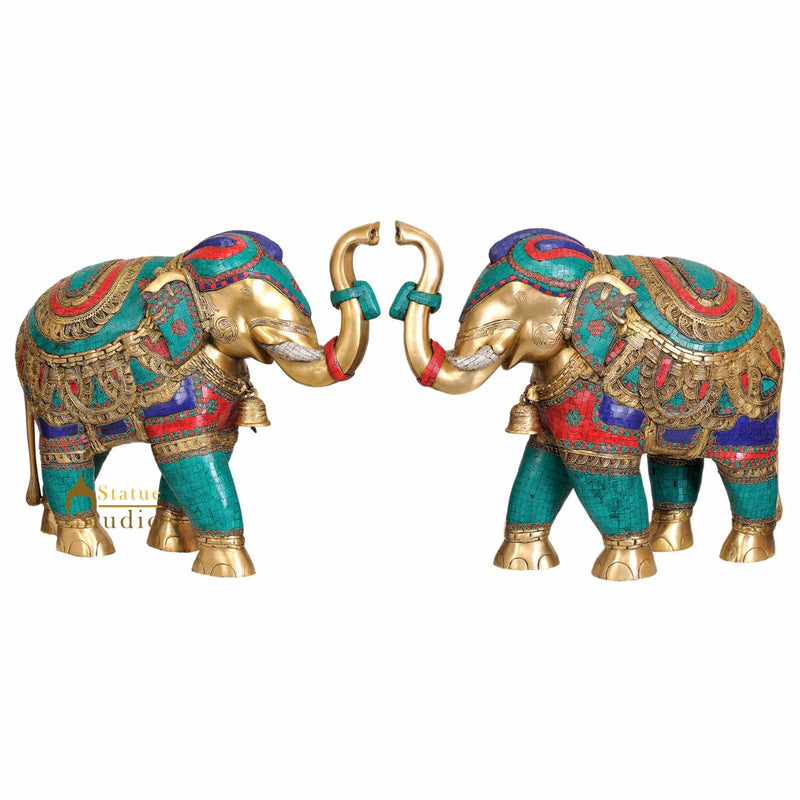 Large Size Indian Elephants With Nepali Turquoise Coral Inlay Art Vastu Décor 22"