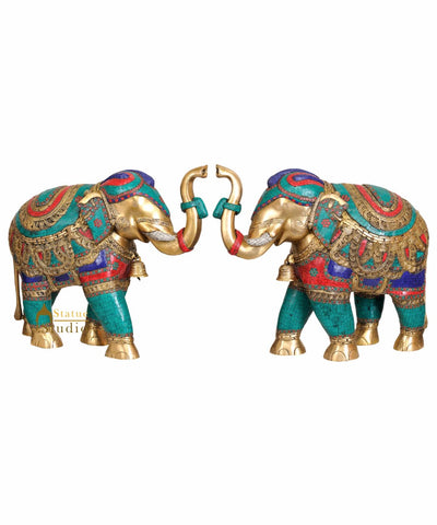 Large Size Indian Elephants With Nepali Turquoise Coral Inlay Art Vastu Décor 22"