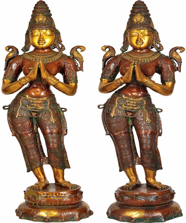 Large Size Indian Celestial Welcome Lady Pair Flanking Temple Door Décor 45"