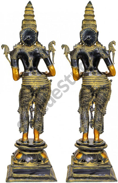 Indian Antique Metal Celestial Khajuraho Apsara DeepLaxmi Pair Diwali Statue 31"