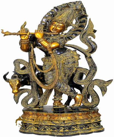 Large Size Brass Hindu Lord Shri Kishen Ji With Holy Cow 3 Feet Religious Décor