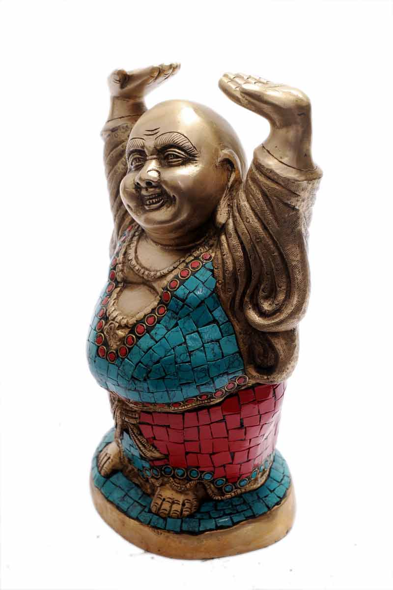 Vintage happy smiling laughing buddha good luck charm brass chinese Buddhism 11"