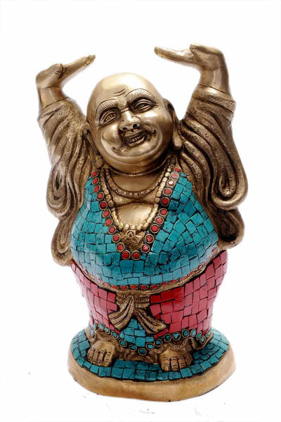 Vintage happy smiling laughing buddha good luck charm brass chinese Buddhism 11"