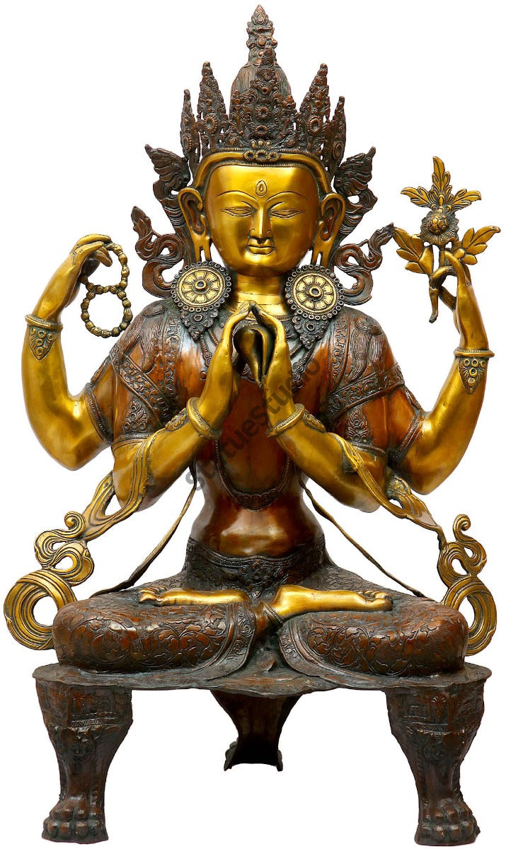 Vintage Large Size Four Armed Tibetan Buddhist Lord Avalokiteshwara Statue 38"