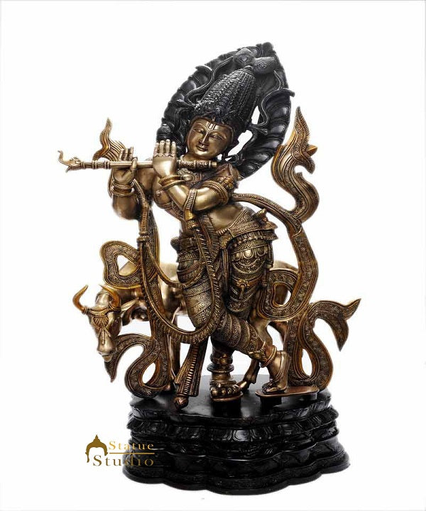 Brass hindu god krishna statue with cow antique religious décor 35"