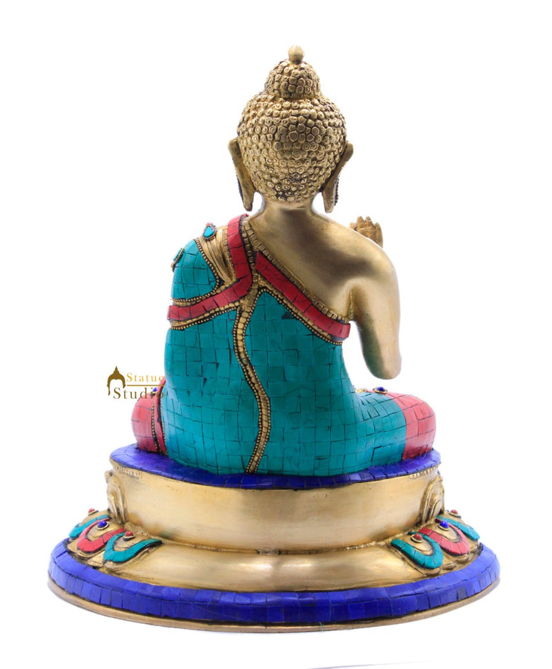 Abhaya Mudra Blessing Buddha Fine Turquoise Coral Inlay Work Décor Statue 13"