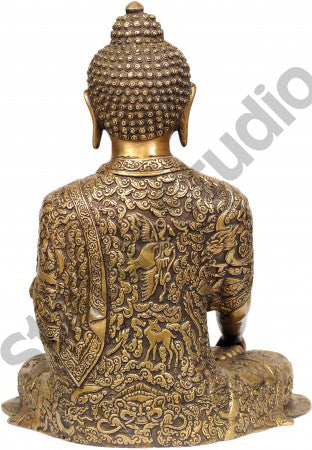 Bhumisparsha Mudra Earth Touching Buddha with Decorative Robe Statue 13"