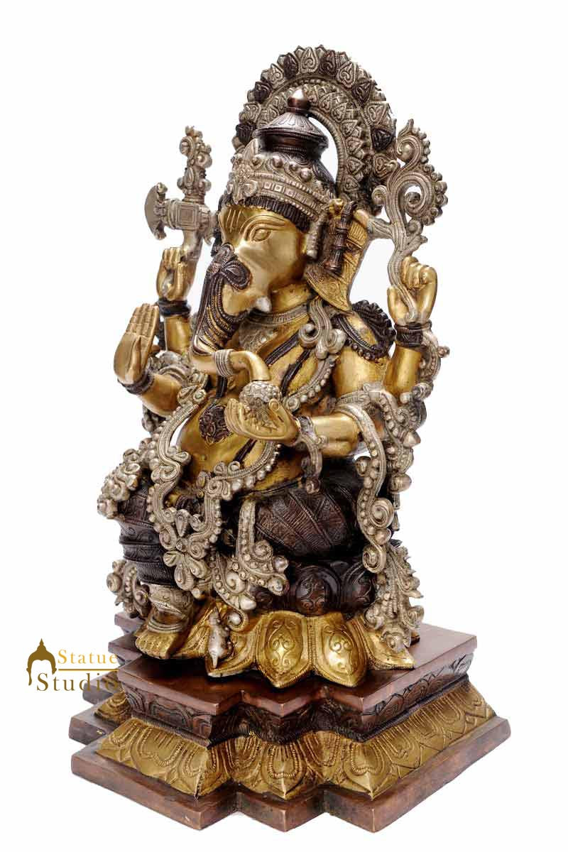 Brass chaturbhuja hindu elephant god ganeshji murti religious sculpture 19"