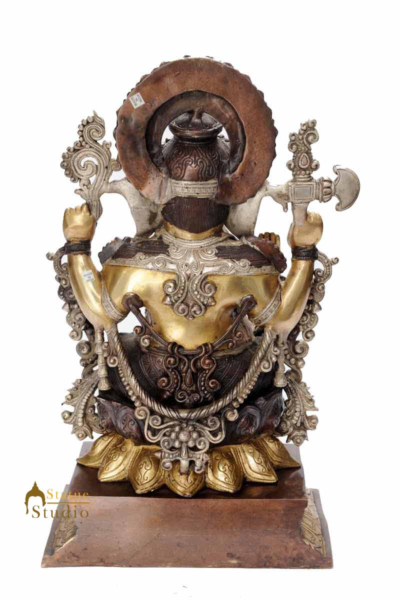 Brass chaturbhuja hindu elephant god ganeshji murti religious sculpture 19"