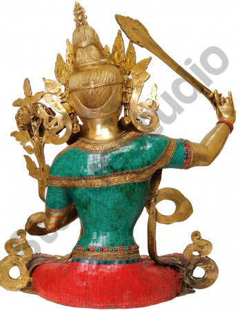 Indian Handmade Buddhism Goddess Manjushri Good Luck Large Size Statue 32"
