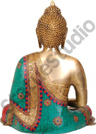 Turquoise Coral Inlay Work Meditating Buddha Large Size Fine Décor Statue 2 Feet