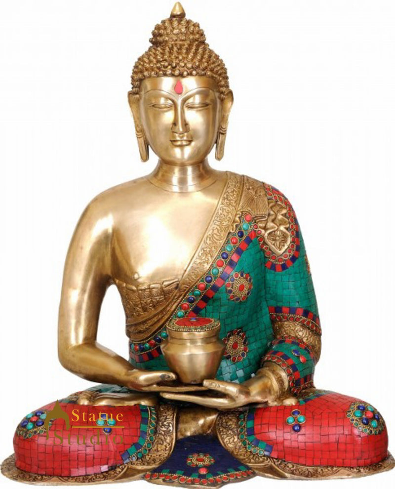 Turquoise Coral Inlay Work Meditating Buddha Large Size Fine Décor Statue 2 Feet