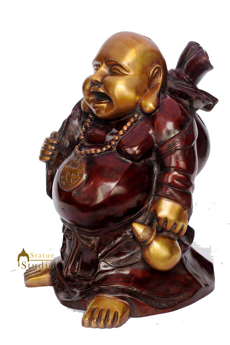 Antique happy smiling laughing buddha maitreya brass chinese Buddhism décor 20"