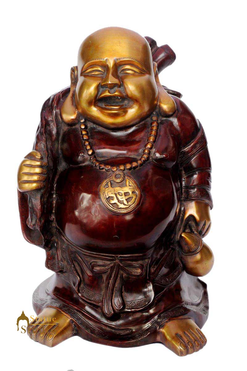 Antique happy smiling laughing buddha maitreya brass chinese Buddhism décor 20"