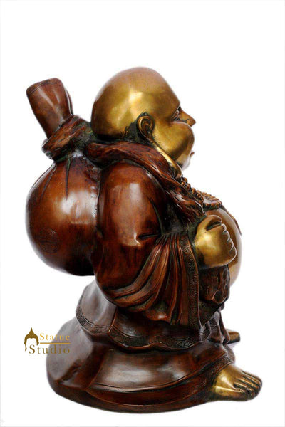 Vintage happy smiling laughing buddha good luck charm brass chinese Buddhism 20"