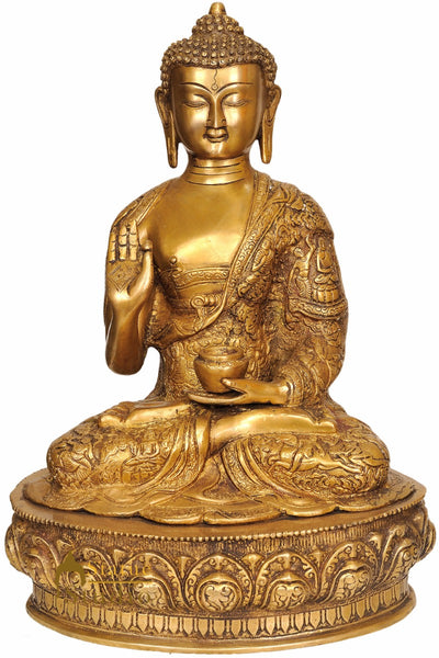Brass Blessing Buddha with Life Story Scenes Carved on Robe Statue 15"