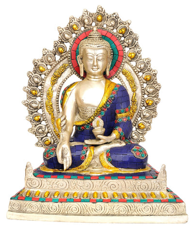 Tibetan Buddhist God Enthroned Medicine Buddha Inlay Décor Showpiece 11"