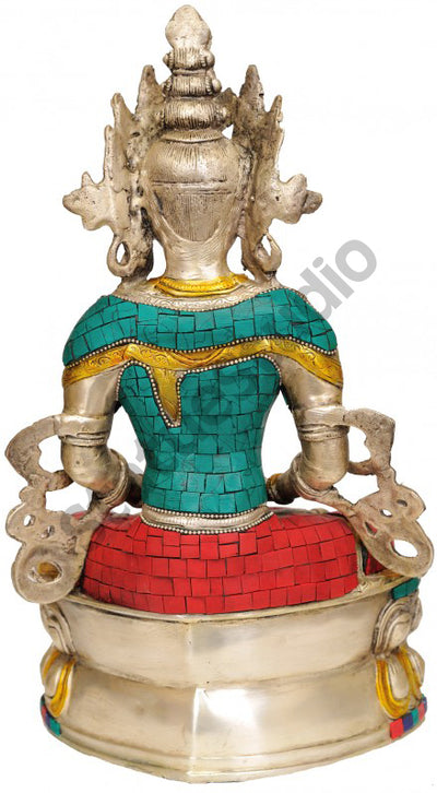 Nepal Turquoise Coral Inlay Art Buddhist Amitabha Buddha Fine Statue 14"