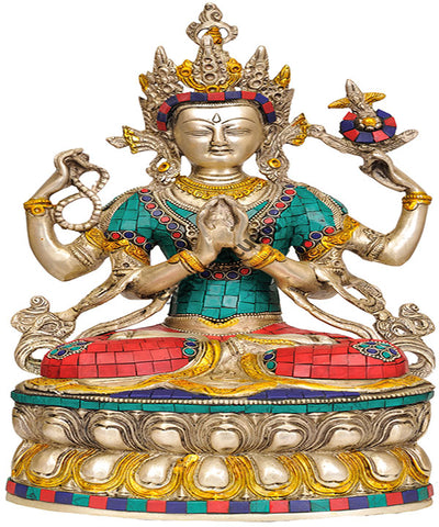Chinese Tibet Bodhisattva Four Armed Buddha Avalokiteshvara Fengshui 14"