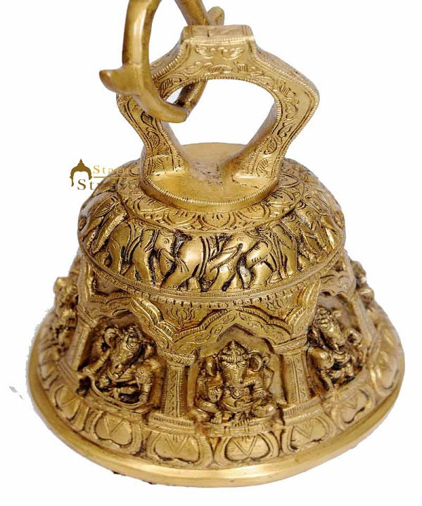 Antique Brass metal Temple Bell hand carved Ganesha 13"