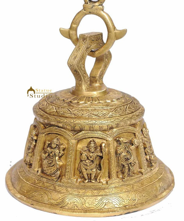 Antique Brass metal Temple Bell hand carved hindu gods 13"