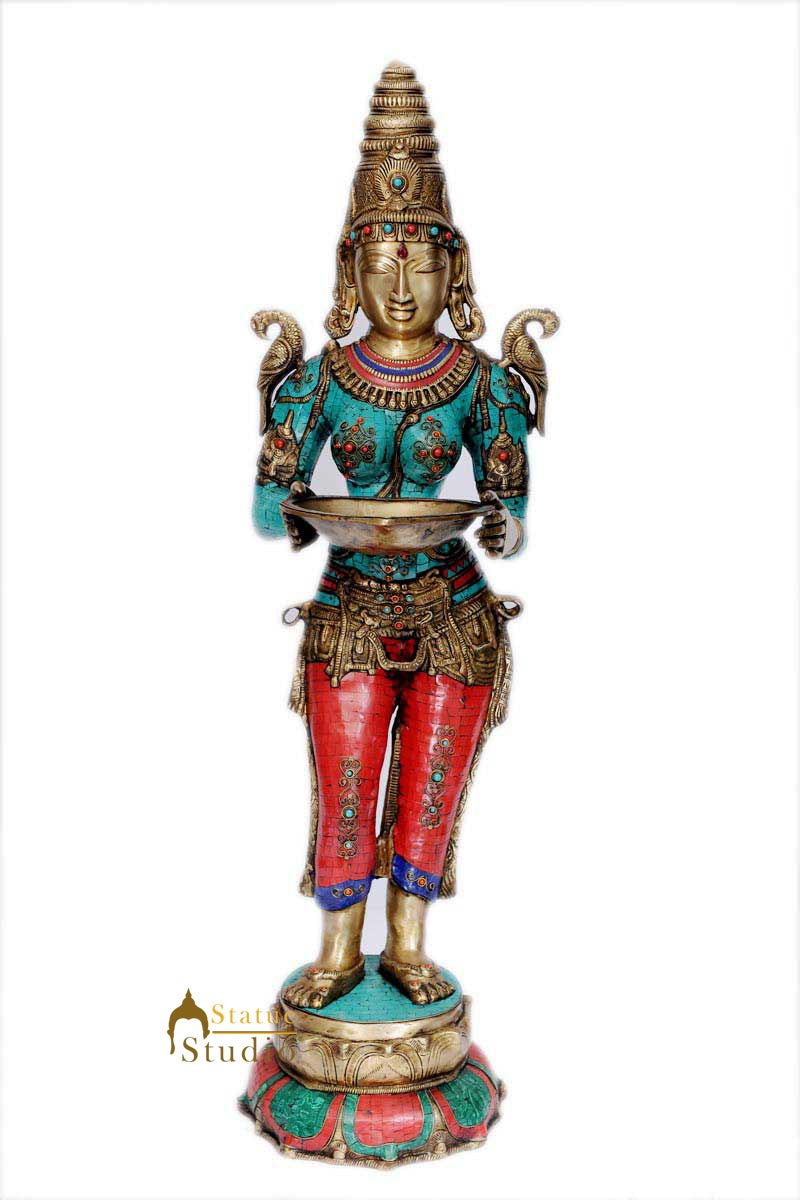India brass deeplaxmi statue décor showpiece turquoise coral figurine 43"