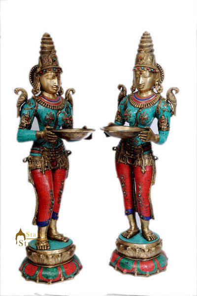 India brass deeplaxmi statue décor showpiece turquoise coral figurine pair 43"
