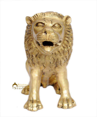 Brass lion statue figurine home décor hand carved animal sculpture 13"