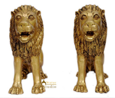 Brass lion pair statue figurine home décor hand carved animal sculpture 13"
