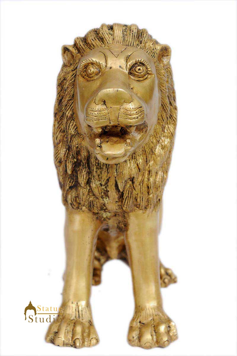 Brass lion statue figurine home décor hand carved animal sculpture 15"