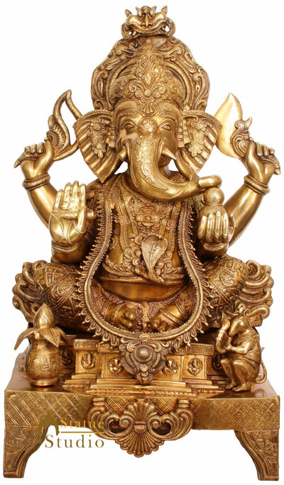 Decorative Large Size Lord Ganesha Brass Figurine With Altar Mouse Kalash 34"