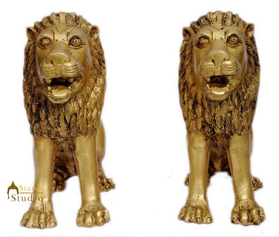 Brass lion pair statue figurine home décor hand carved animal sculpture 15"
