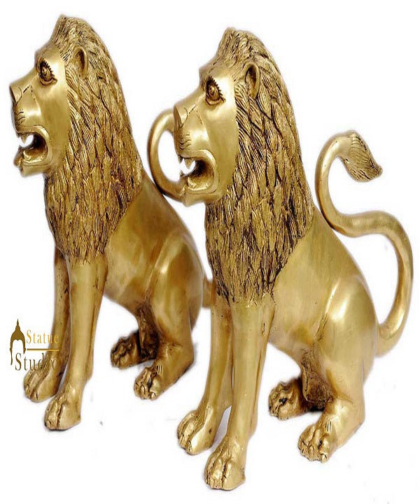 Brass lion pair statue figurine home décor hand carved animal sculpture 15"