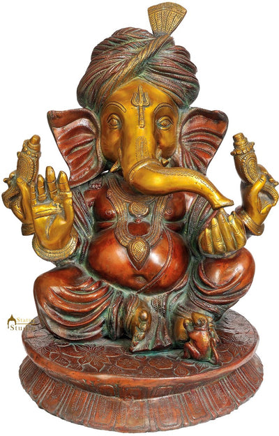Large Size Turban Wearing Hindu Deity Lord Ganesh Brass Statue For Décor 20"