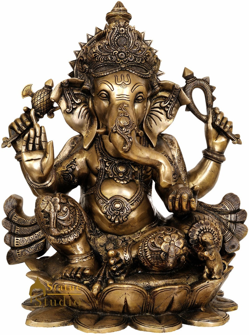 Big Size Lord Ganesha Statue Sitting On Lotus Flower For Ceremonial Gifting 21"