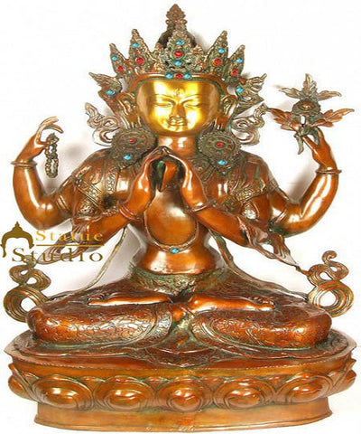 Tibet Buddhist Four Armed Buddha Avalokiteshvara Large Size Brass Figurine 39"