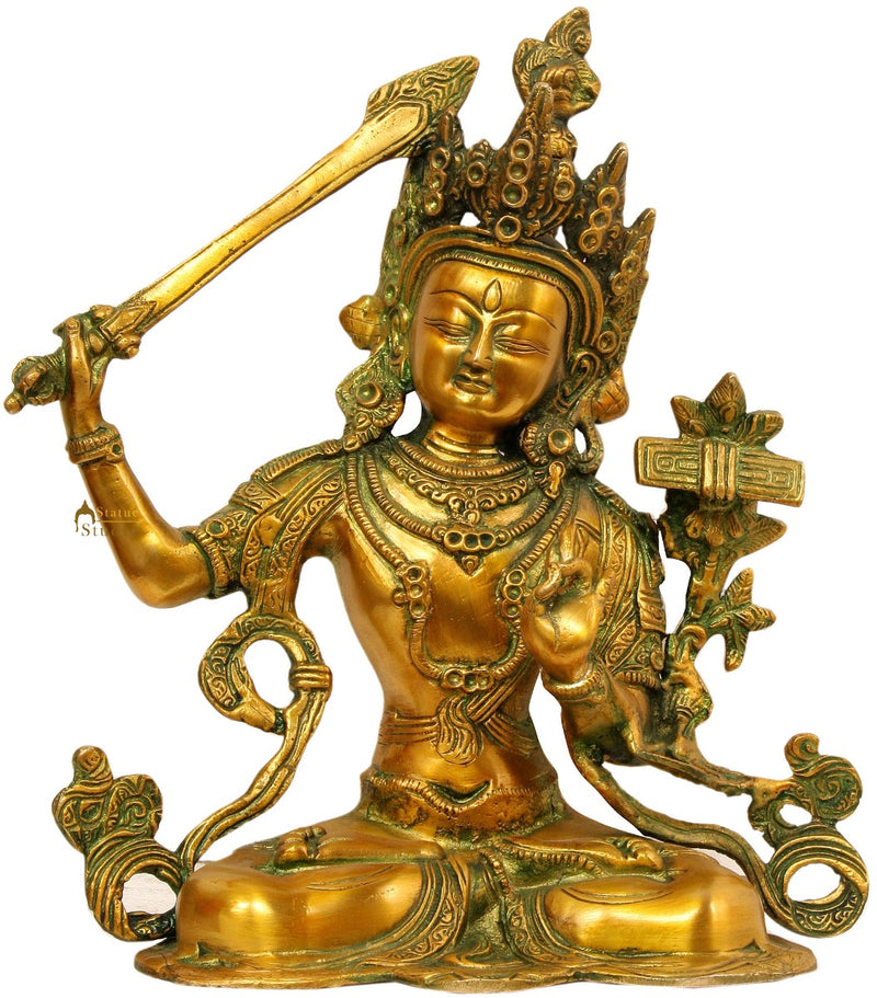 Indian Brass Large Size Home Garden Décor Manjushri Brass Figurine For Sale 27"