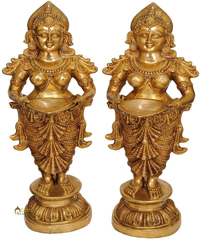 Large Size Pair of Indian Apsara Welcome Lady With Lamp Home Office Décor 51"