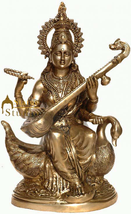 Large Size Hindu Goddess Of Knowledge Maa Saraswati on Swan Playing Veena 28"