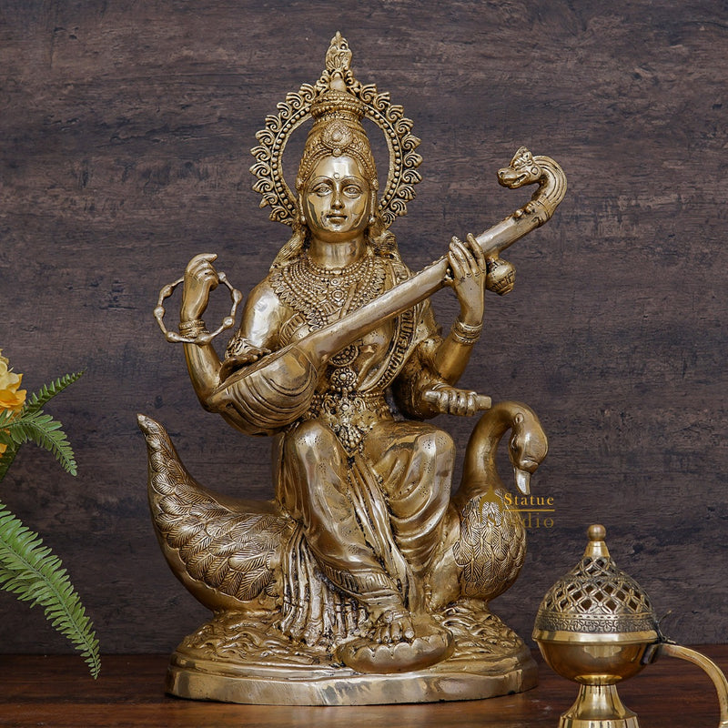 Large Size Hindu Goddess Of Knowledge Maa Saraswati on Swan Playing Veena 28"