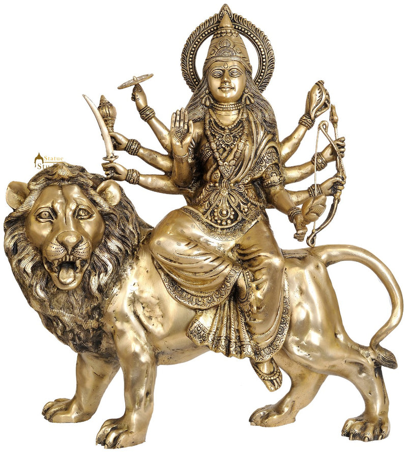 Elegant Vintage Large Size Hindu Goddess Maa Durga Seated On Lion Statue 28"