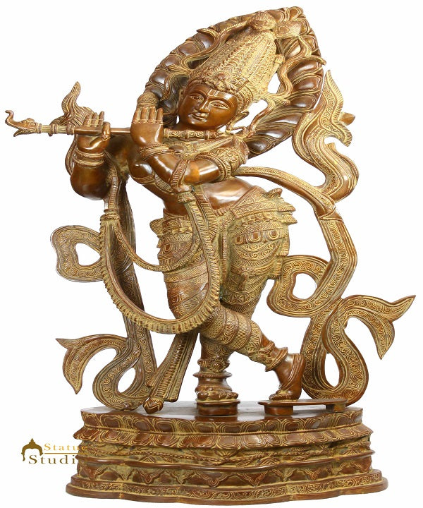 Large Size Brass Indian Hindu God Lord Krishna Murli Manohar Playing Flute 34"