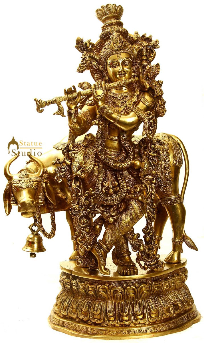 large Size Brass Indian Hindu God Lord Krishna With Flute And Cow Sculpture 29"