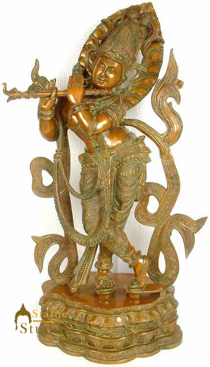 Large Size Bronze Indian Hindu God Lord Krishna Murli Manohar Playing Flute 34"