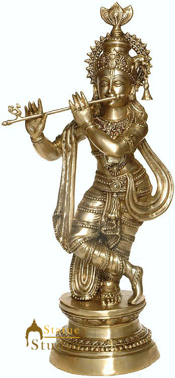 Antique Bronze Indian Hindu God Lord Krishna Playing Flute Home Décor 3 Feet