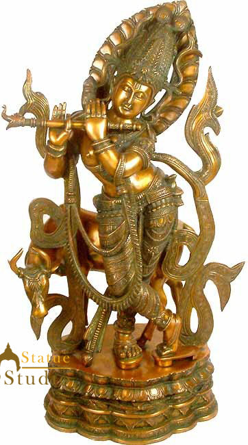 large Size Brass Indian Hindu God Lord Krishna With Flute And Cow 3 Feet Statue