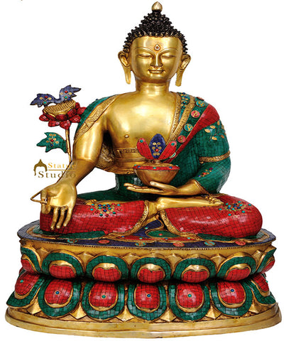 Large Size Nepal Turquoise Coral Inlay Work Buddha Décor Big Statue For Sale 38"