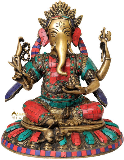 Turquoise Coral Inlay Work Lord Ganesha Metal Statue Red Blue Multicolour 11"