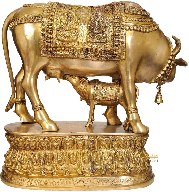 Large Size Holy Cow Traditional Metal Statue With Calf Saddle Base Gau Mata  21"